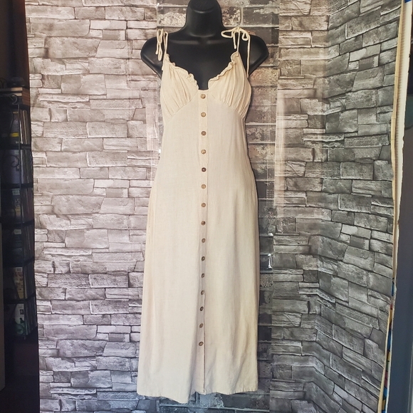 Shop Neighbor Dresses & Skirts - Shop Neighbor Linen Blend Beige Midi Dress Sleeveless Summer Bohemian Beachy Med